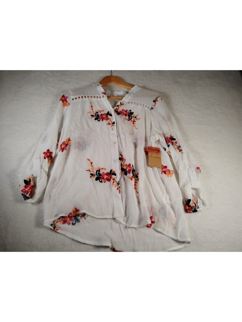 New Anne Liege Blouse Boho Embroidered Semi-Sheer Roll Tab Size Medium White